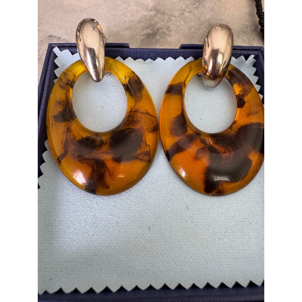 Vintage Faux Tortoiseshell Resin Earrings Amber Silver Tone Large Hoop Drop